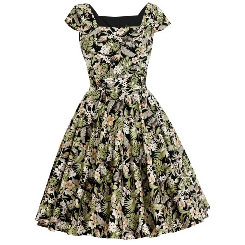 POISON IVY PIN UP ~ TROPICAL FLORAL DRESS (BLACK)
