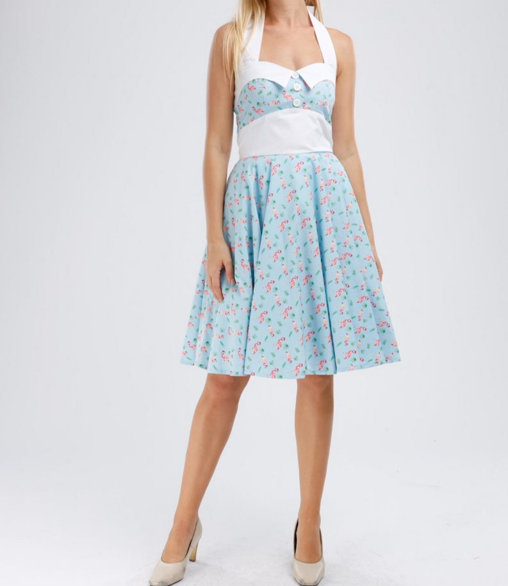 POISON IVY PIN UP ~ PRETTY FLAMINGO HALTER DRESS